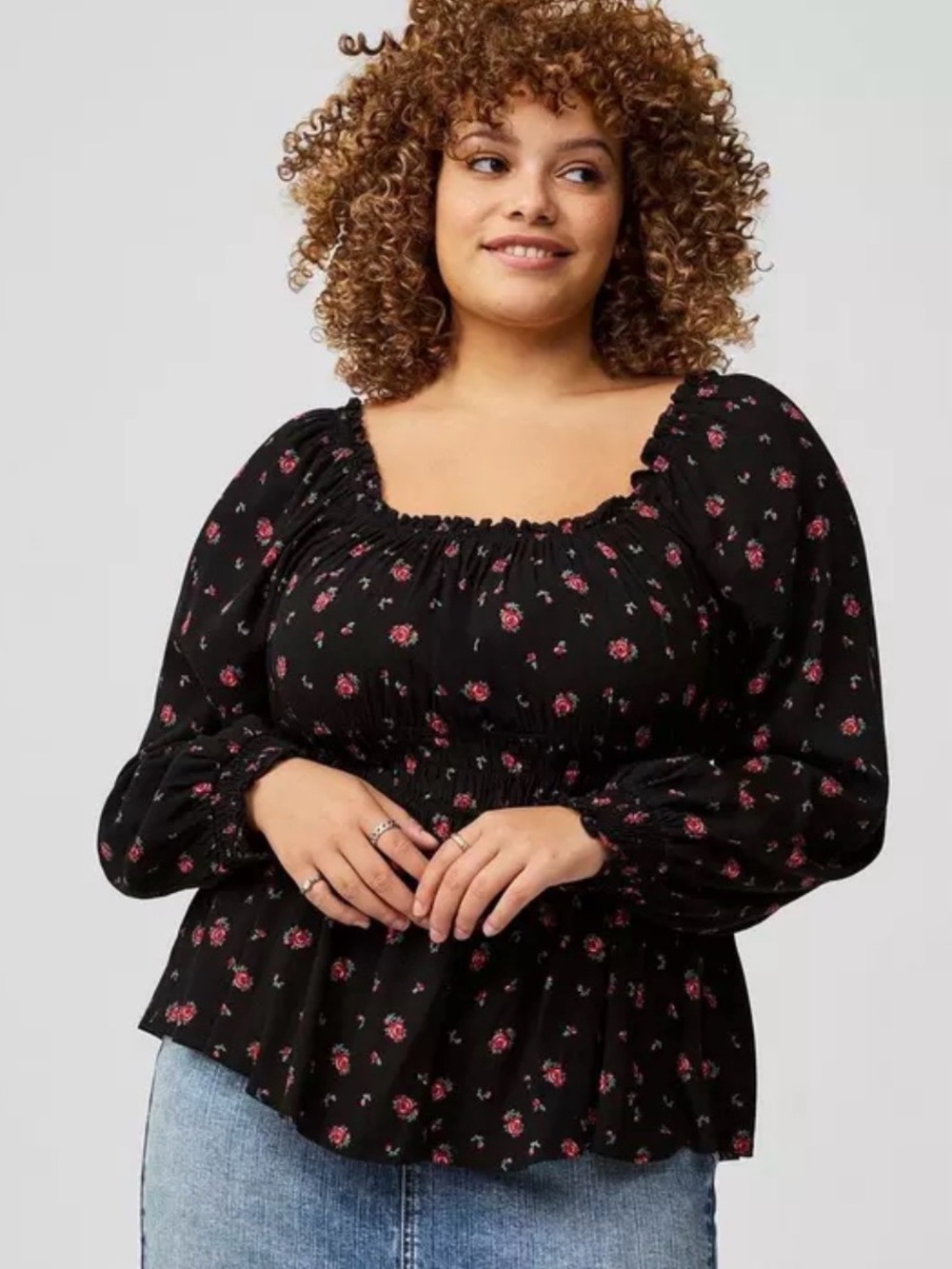 torrid Black Pink Floral Smocked Square-Neck Blouse